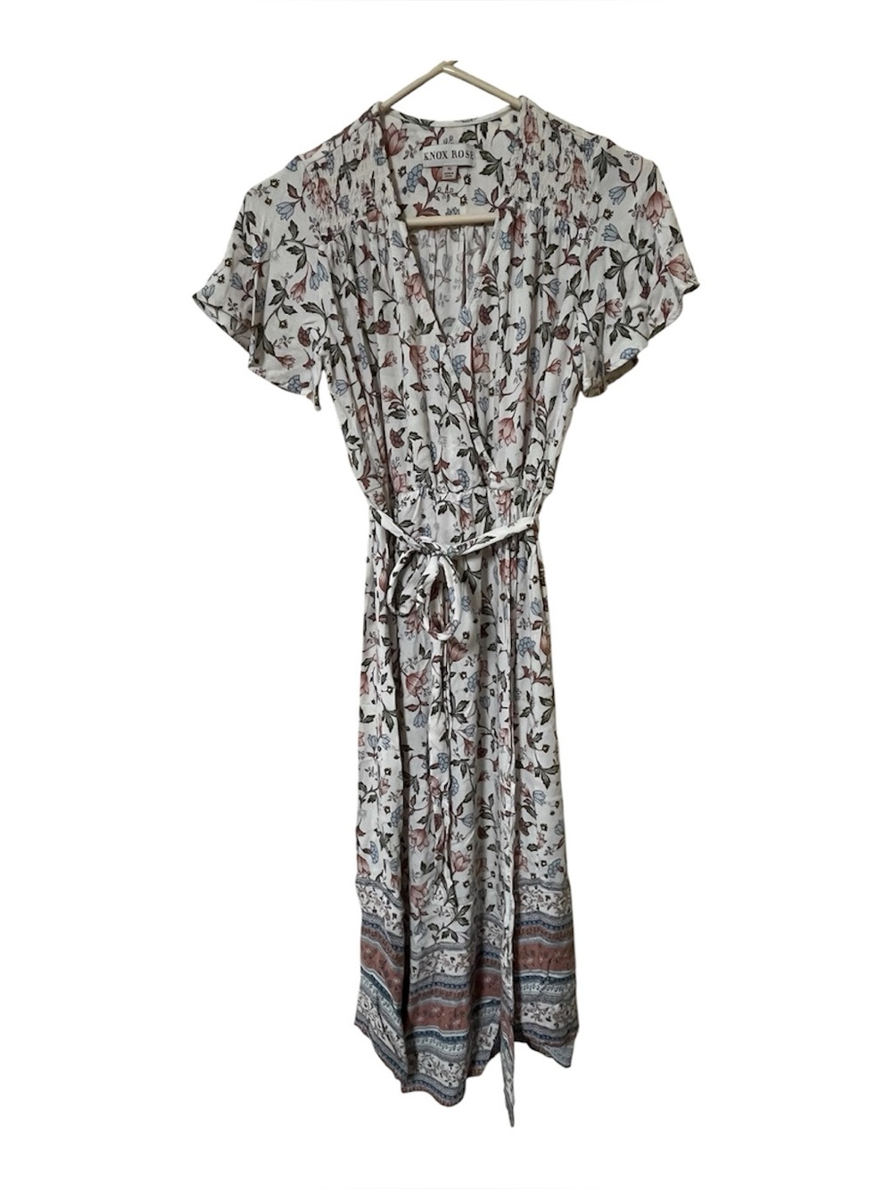 Knox Rose White Floral Print Maxi Dress Tie Waist Size M Boho Peasant Aztec